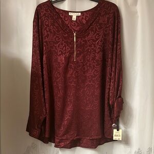 Emaline woman new polyester Burgundy Patterned Blouse with Zip‎ Detail. Size 2x
